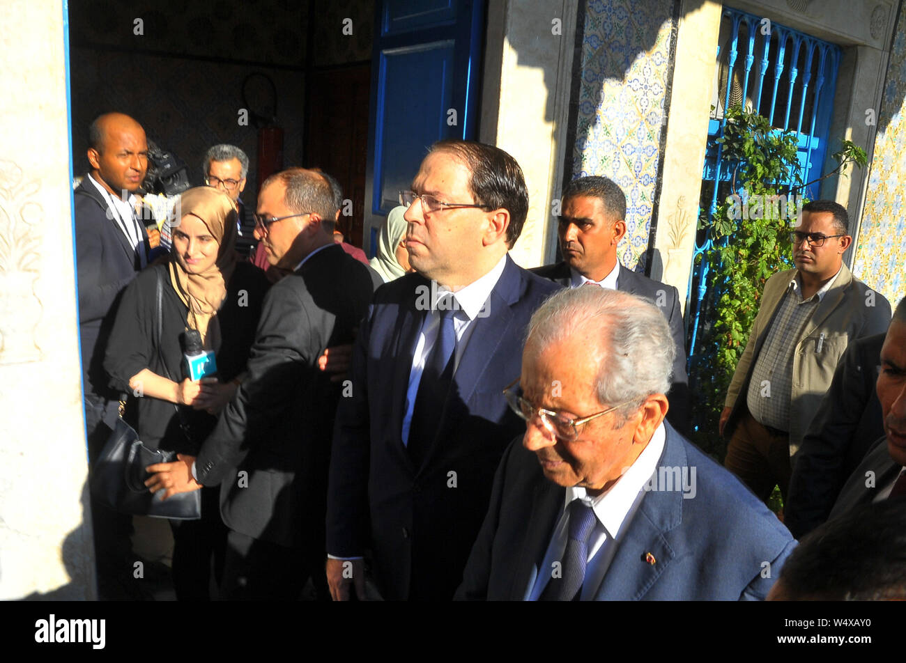 Bardo, Tunis, Tunisie. 25 juillet 2019. Réunion du nouveau président provisoire de la Tunisie Mohamed Ennaceur après être arrivé au pouvoir et le premier ministre Youssef Chahid au siège de l'Assemblée des représentants du peuple Bardo Crédit : Chokri Mahjoub/ZUMA/Alamy Fil Live News Banque D'Images