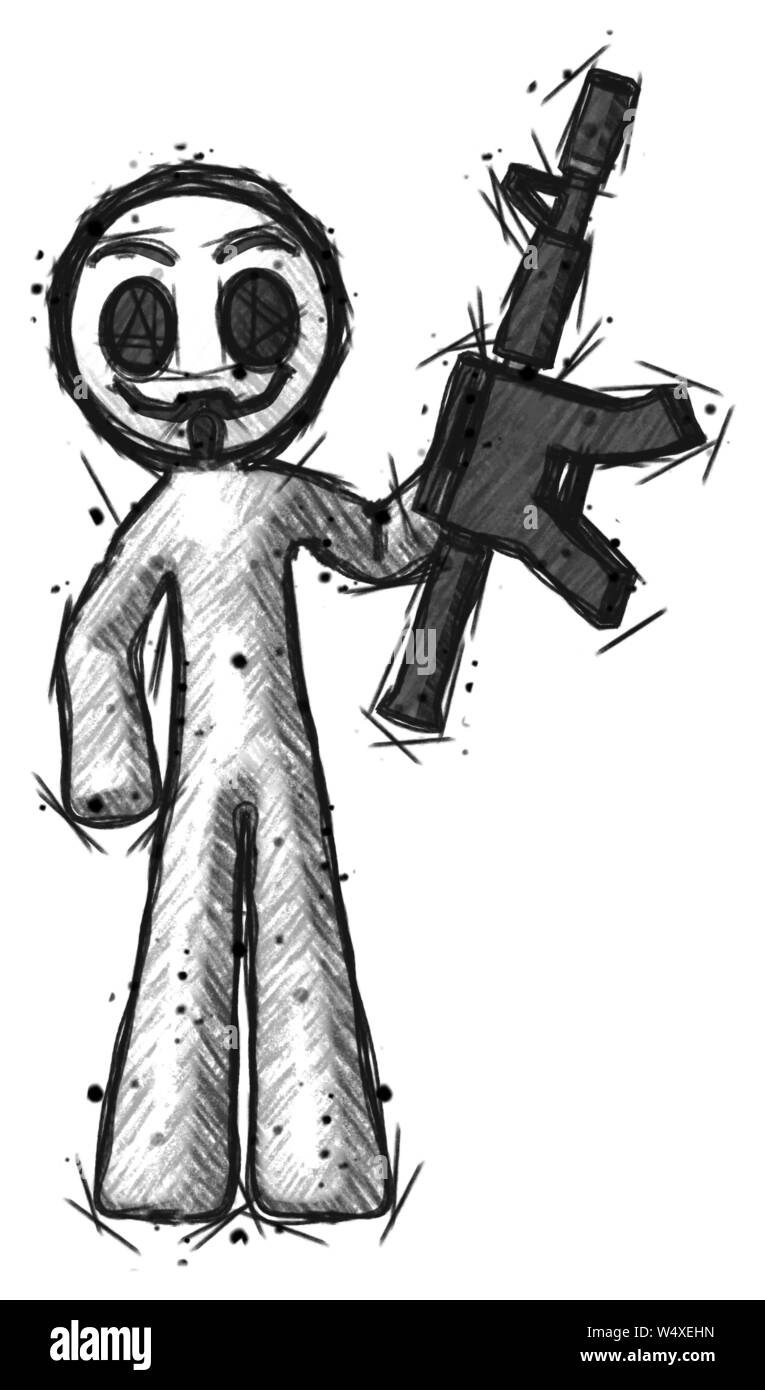 Petit croquis hacker anarchiste man holding pistolet automatique. Banque D'Images Petit croquis hacker anarchiste man holding pistolet automatique. Banque D'Images