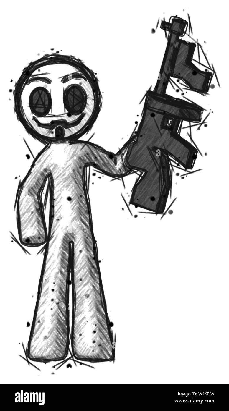 Petit croquis hacker anarchiste man holding tommygun comme un bandit. Banque D'Images Petit croquis hacker anarchiste man holding tommygun comme un bandit. Banque D'Images
