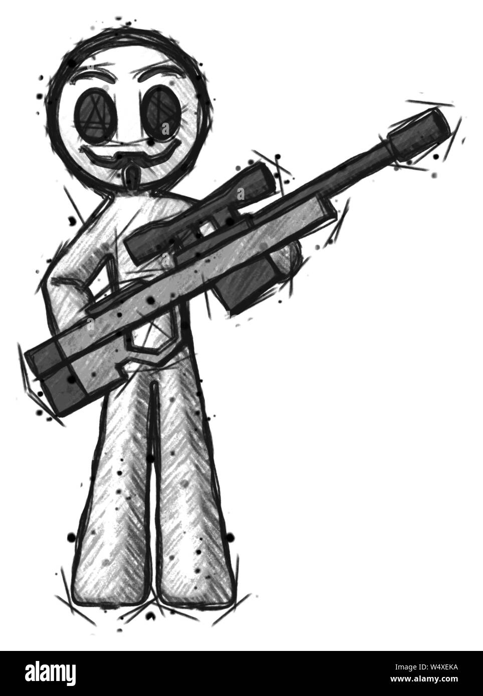 Petit croquis hacker anarchiste man holding sniper rifle fusil. Banque D'Images Petit croquis hacker anarchiste man holding sniper rifle fusil. Banque D'Images
