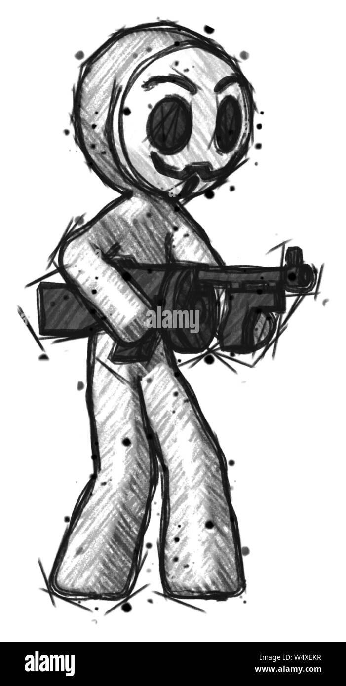 Petit croquis hacker anarchiste homme Tommy gun tir gangster poser. Banque D'Images Petit croquis hacker anarchiste homme Tommy gun tir gangster poser. Banque D'Images