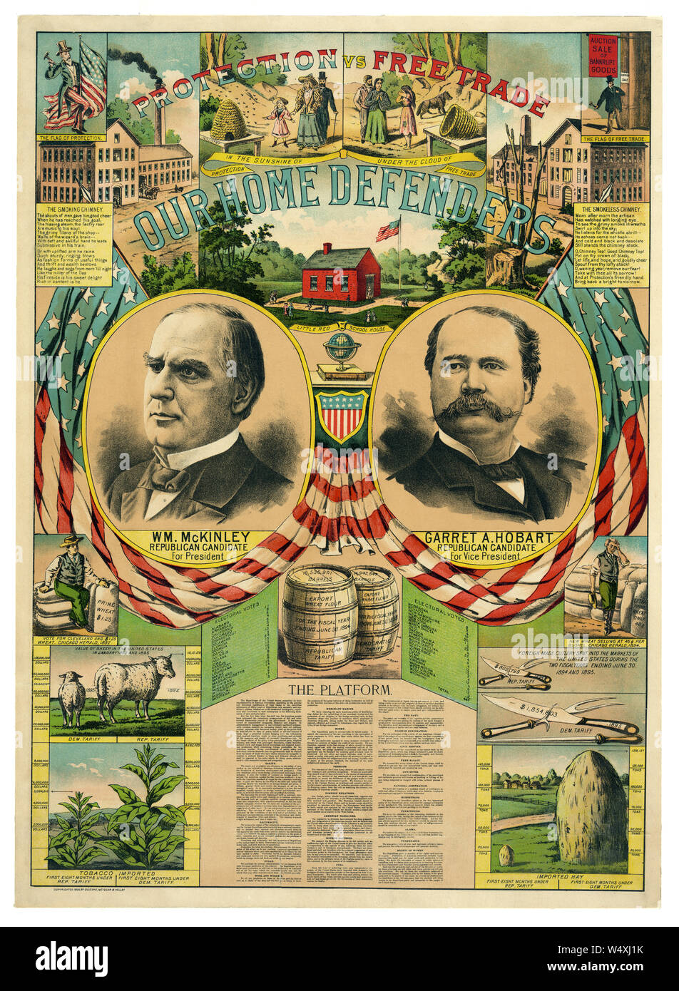 "La protection contre le libre-échange, notre maison, des défenseurs des droits de l'homme campagne présidentielle du parti républicain affiche présentant William McKinley pour Président et Garret A. Hobart pour vice-président, lithographie, Gillespie, Metzgar & Kelley, 1896 Banque D'Images