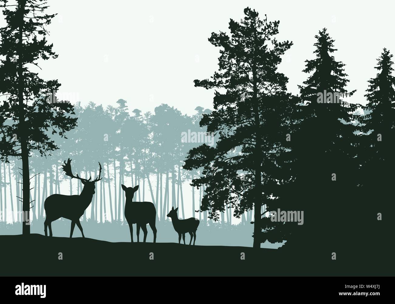 Illustration réaliste du paysage avec la forêt de conifères, de chevreuils et de la famille, sous ciel vert printemps ou en automne - vector Illustration de Vecteur