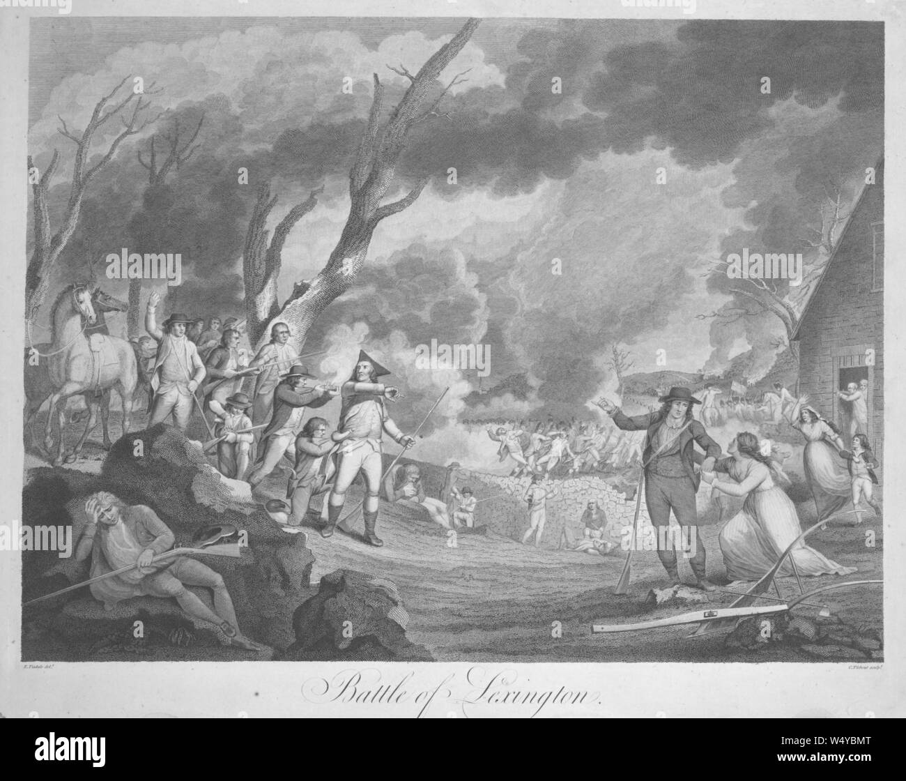 Gravure de la bataille de Lexington, le premier engagement militaire de la guerre de la Révolution américaine, par Elkana Tisdale, 1798. () Banque D'Images