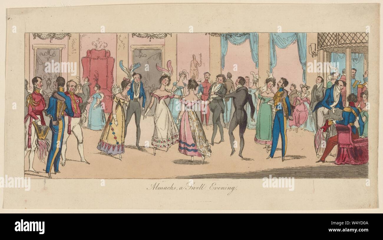 Dimensions de la haute société de Londres à Almack's, une salle de bal avec une foule en tenue de diverses façons, Jerome Robbins collection Dance Division, 1822. À partir de la Bibliothèque publique de New York. () Banque D'Images