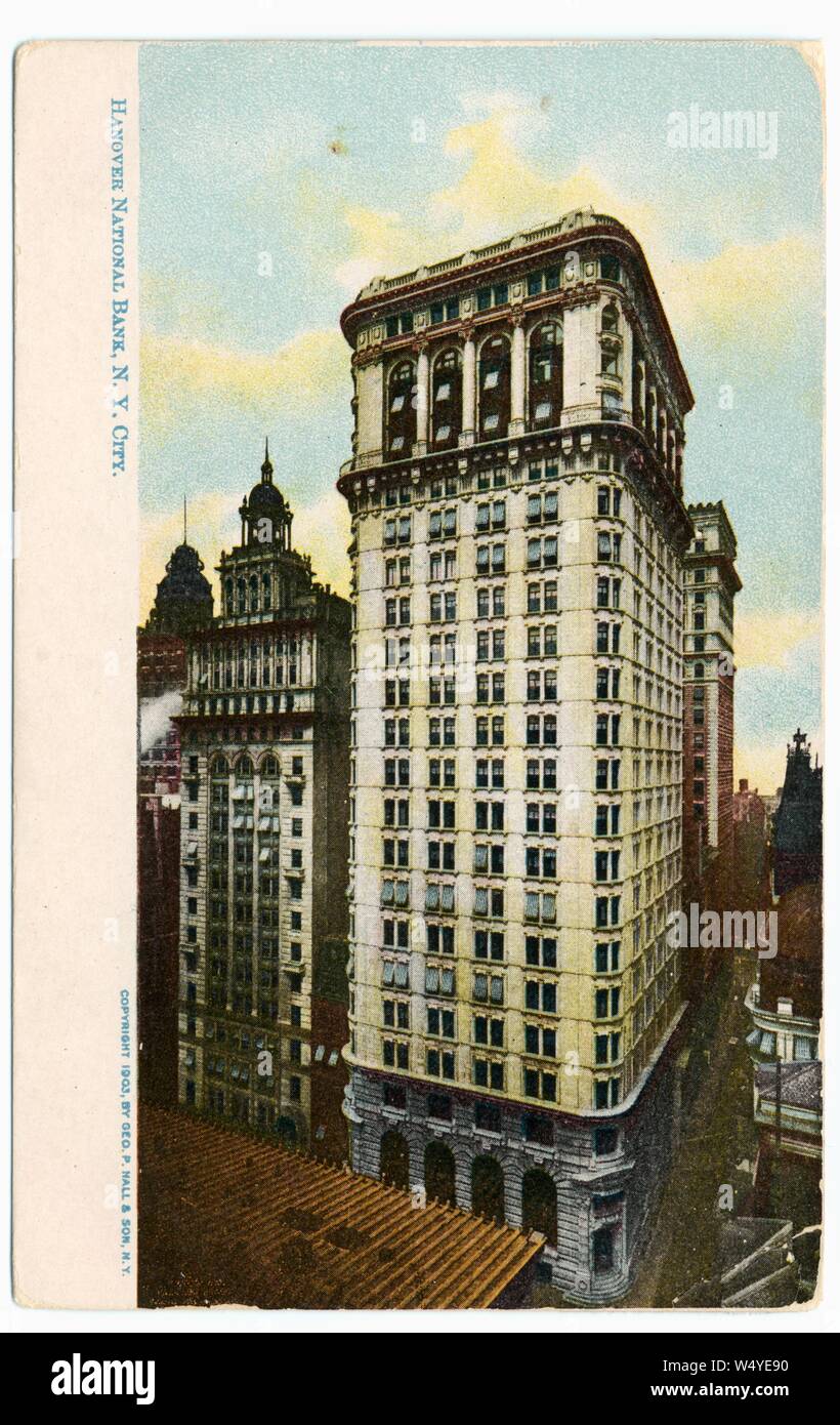 Carte postale gravé de la Banque nationale de Hanovre à New York City, New York, publié par Geo, 1903. P. Hall et son fils. À partir de la Bibliothèque publique de New York. () Banque D'Images