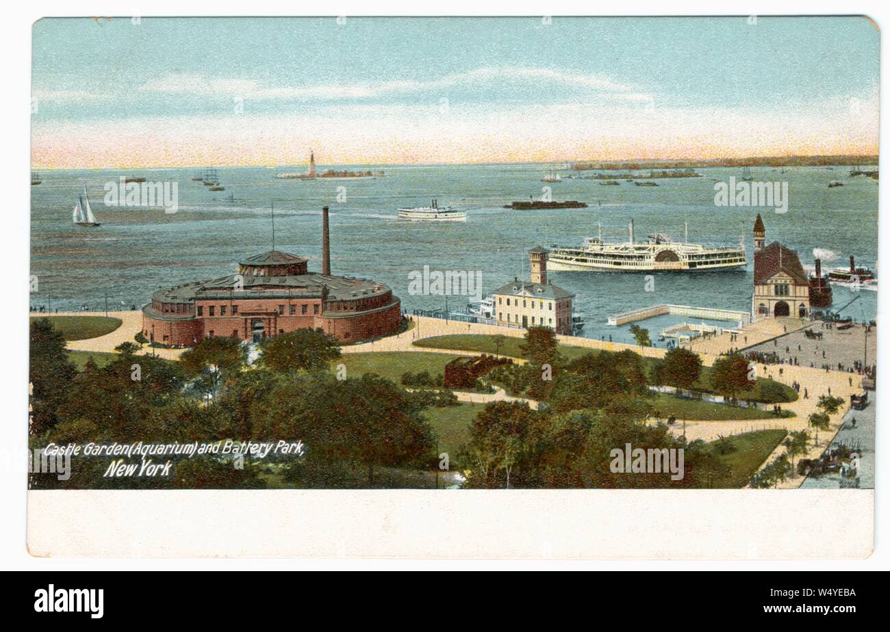 Carte postale gravé de jardin du château (aquarium) et Battery Park, New York City, New York, publié par H. C, 1905. Leighton Co. de la New York Public Library. () Banque D'Images