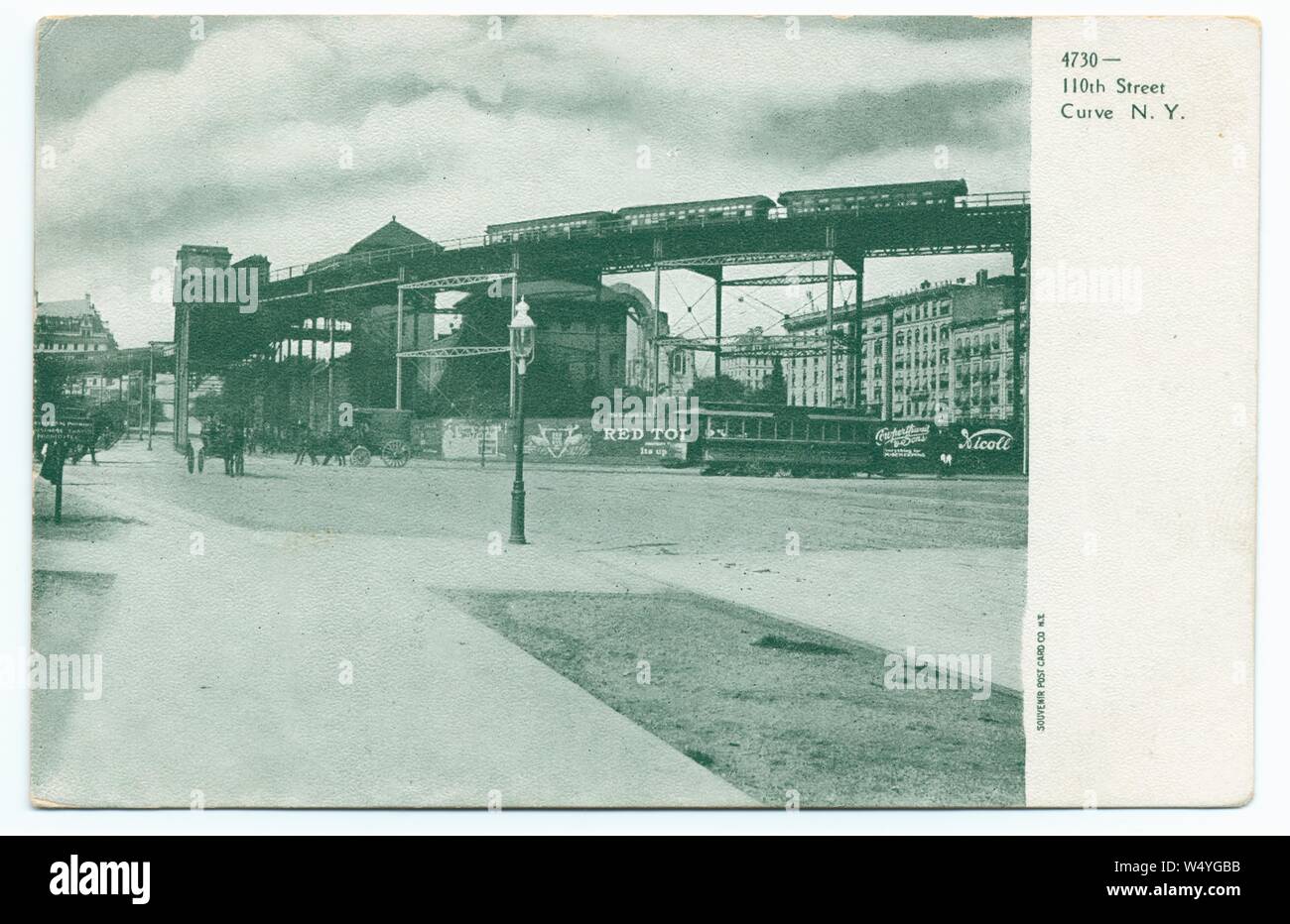 Carte postale gravé de l'élevé railroad courbe à 110e Rue à New York City, New York, publié par carte postale Souvenir Co, 1905. À partir de la Bibliothèque publique de New York. () Banque D'Images