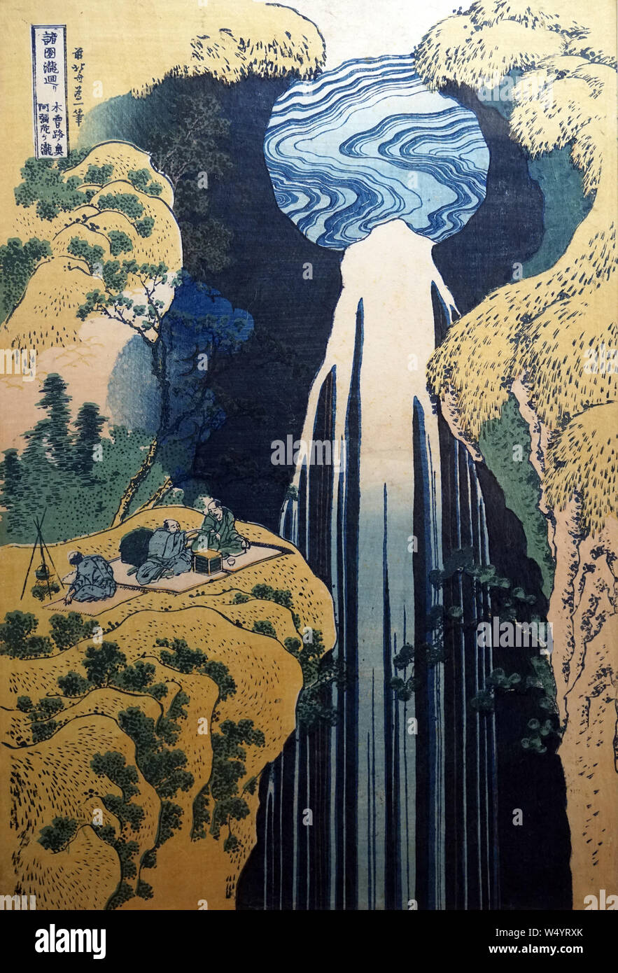 Cascades des différentes provinces : chute d'Amida, profonde au-delà de la route de Kiso Kaido, par Katsushika Hokusai, gravure sur bois, période Edo, 19e siècle Banque D'Images
