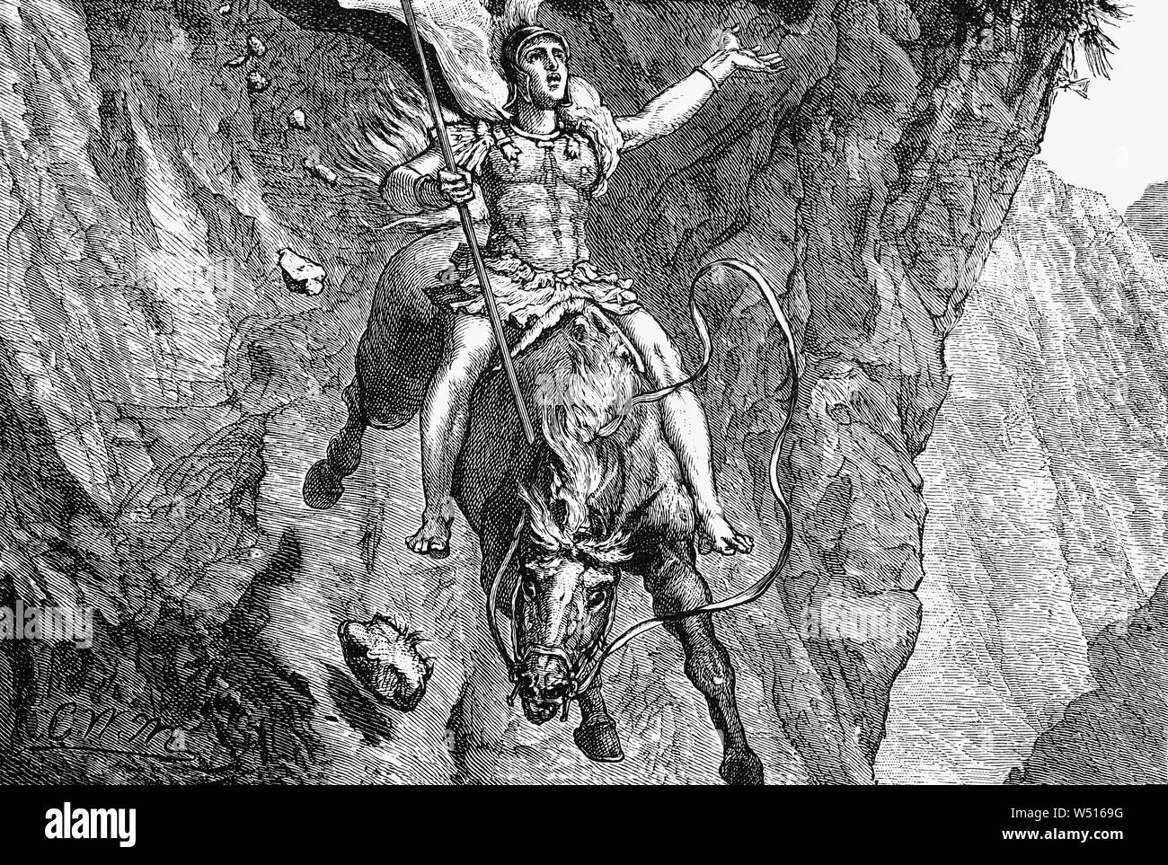 Le sacrifice de Marcus Curtius, un jeune Roman mythologique qui s'est offert aux dieux de l'Hadès. Après un tremblement de terre en 362 avant J.-C., une immense fosse profonde ouvrit soudainement dans le Forum Romain, que les Romains ont tenté de combler en vain. Désespérant, ils ont consulté un bon augure qui ont répondu que les dieux ont exigé le plus précieux du pays. Un jeune soldat du nom de Marcus Curtius fustigé eux et à califourchon sur son cheval, entièrement et soigneusement décorées et armés, Marcus rode et a sauté dans le gouffre. Immédiatement, la fosse profonde fermé sur lui, sauver Rome. Banque D'Images