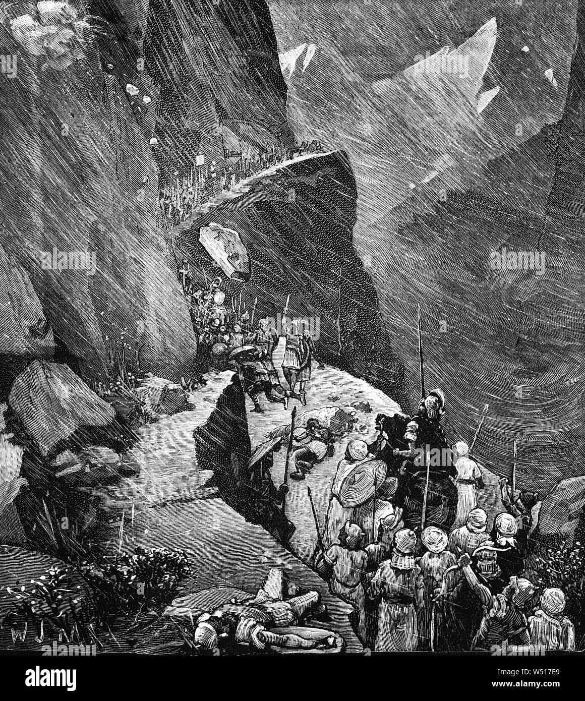 L'armée carthaginoise traversée des Alpes sous Hannibal Barca (entre 183 et 247 - 181 avant notre ère), général et homme d'état de l'ancienne Carthage qui est largement considéré comme l'un des plus grands commandants militaires de l'histoire. Son parcours exact sur les Alpes est toujours une source de litige. Banque D'Images