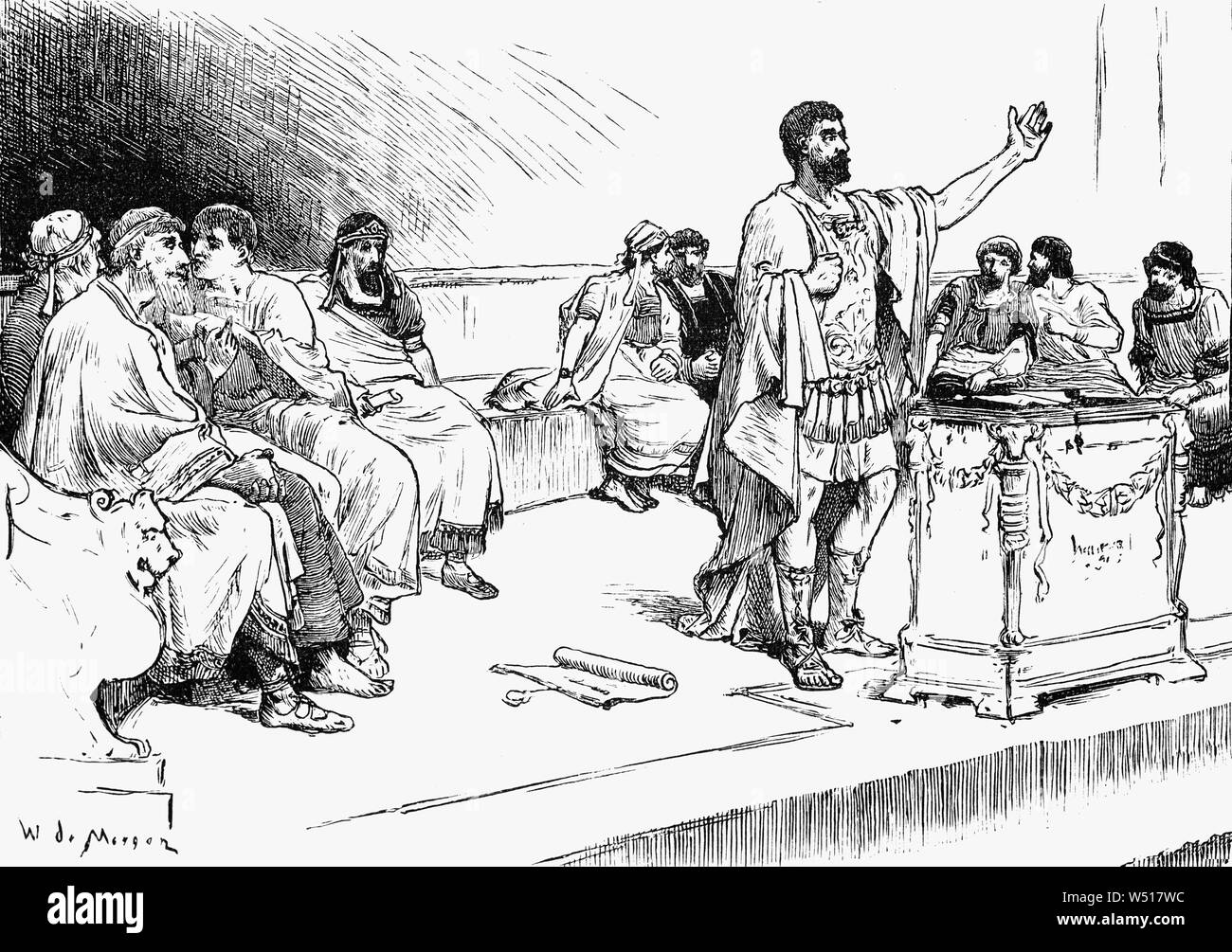 Hannibal Barca (entre 183 et 247 - 181 avant notre ère), général et homme d'état de l'ancienne Carthage qui est largement considéré comme l'un des plus grands commandants militaires de l'histoire dans l'assemblée de Carthage. Hannibal était encore seulement 46 à la fin de la Deuxième Guerre punique en 201 av. J.-C. et a montré qu'il pouvait être un homme d'État ainsi qu'un soldat. Afin de réduire le pouvoir des oligarques, Hannibal utilisé le soutien des citoyens pour changer la durée du mandat dans le cent quatre de la vie à un an, avec aucun n'est autorisé à "tenir le bureau pendant deux années consécutives." Banque D'Images