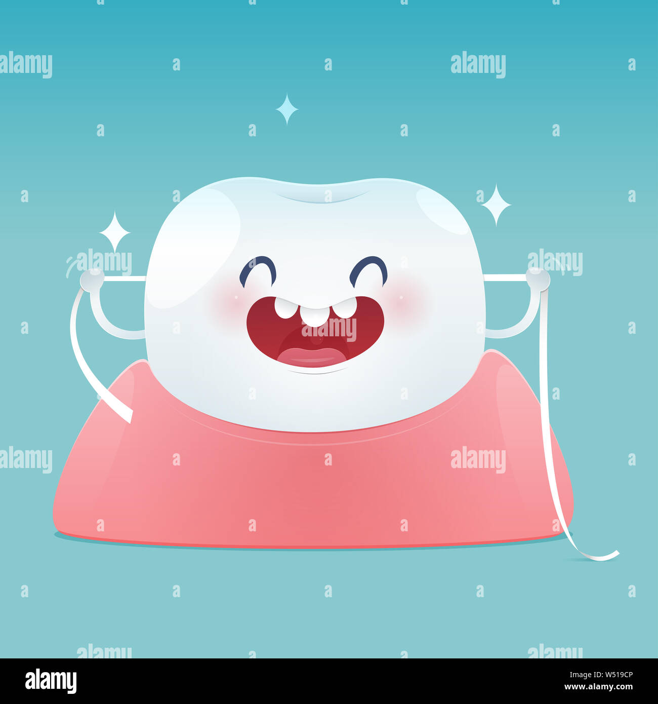 Caricature les dents avec du fil dentaire pour les soins de santé - se brosser les dents, soie dentaire soie dentaire - Illustration et conception de scénario Banque D'Images