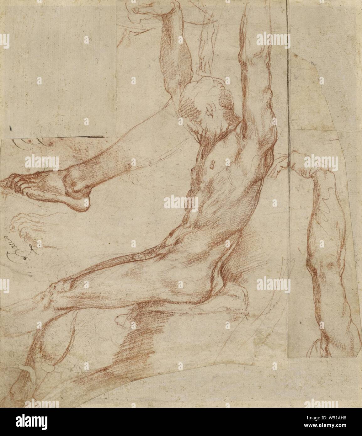 Étude d'un homme avec diverses ébauches (recto), de l'étude d'un homme drapé de la jambe (verso), Polidoro da Caravaggio (Polidoro Caldara), Italien (1495/1500 - 1543), à propos de l'Italie, environ 1535, craie rouge (recto), craie noire (verso), 20,6 x 18,4 cm (8 1/8 x 7 1/4 in Banque D'Images