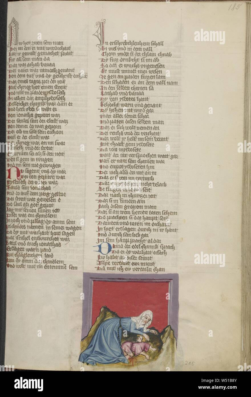 L'infirmière Falls avec Mephiboscheth, Inconnu, Regensburg, Bavière, Allemagne, environ 1400 - 1410 couleurs, Tempera, or, argent, peinture et encre sur parchemin, feuille : 33,5 x 23,5 cm (13 3/16 x 9 1/4 in Banque D'Images