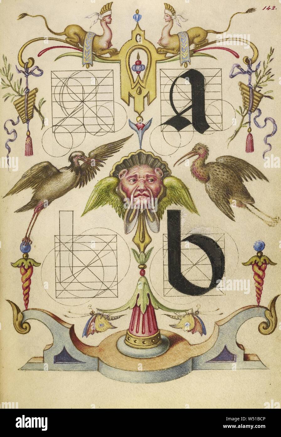 Guide pour la construction des lettres a et b, Joris Hoefnagel (/ hongrois, 1542 - 1600), Vienne, Autriche, à environ 1591 - 1596, d'aquarelles, d'or et d'argent, peinture et encre sur parchemin, feuille : 16,6 x 12,4 cm (6 9/16 x 4 7/8 po Banque D'Images