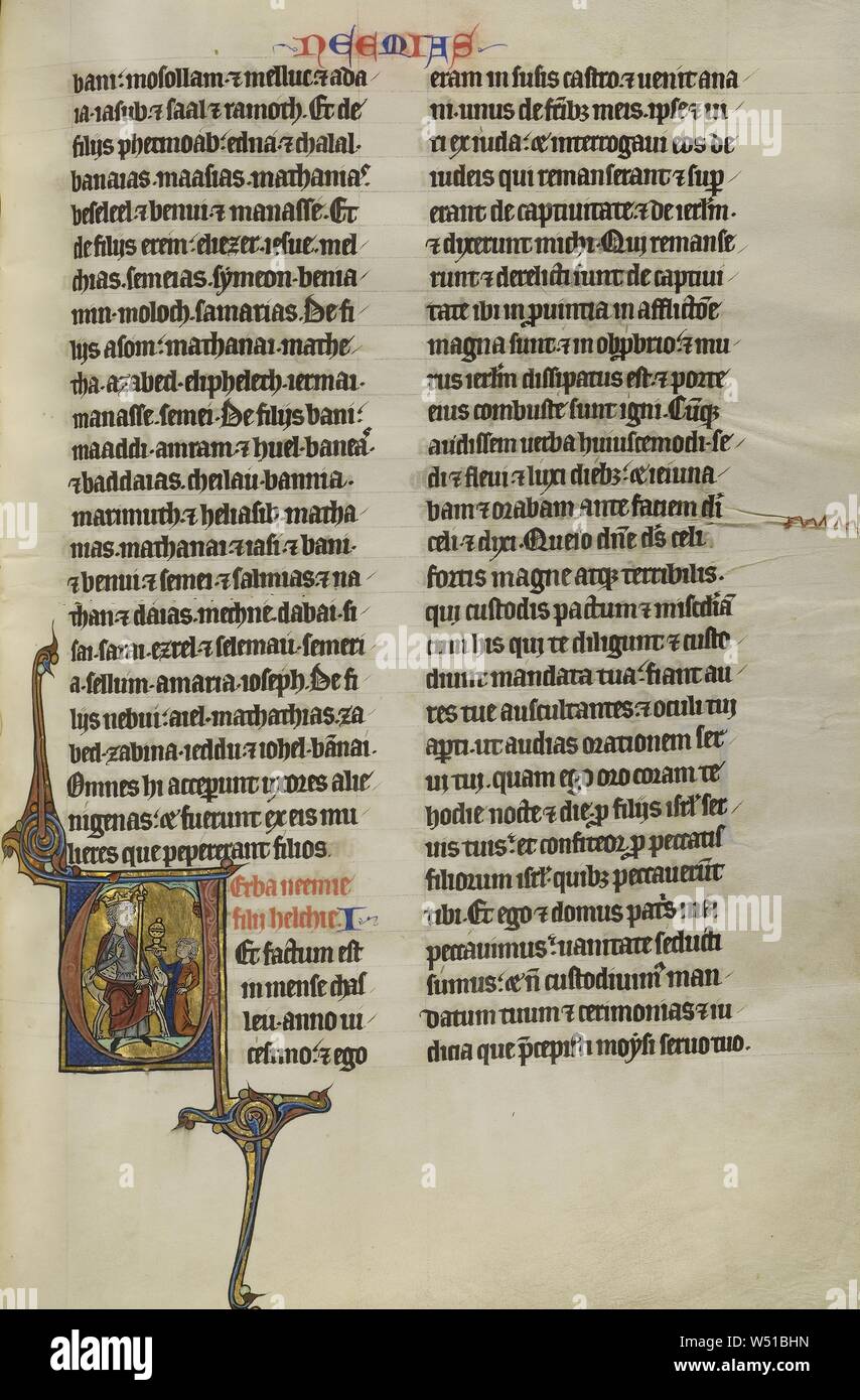 V Initial : Néhémie avant roi Artaxerxès, Inconnu, Lille (France), probablement vers 1270, Tempera, couleurs, encre noire, et feuille d'or sur parchemin, feuilles : 47 x 32,2 cm (18 1/2 x 12 11/16 po Banque D'Images