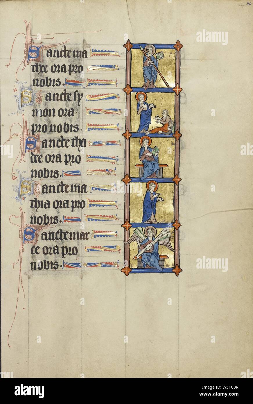 Saint Matthieu avec un livre et une lance, Saint Simon s'adressant à l'homme assis, Saint Jude Thaddée avec un livre, Saint Matthieu, un ange intronisé, inconnu, le nord-est de la France, France, vers 1300 Tempera, couleurs, feuilles d'or, et de l'encre sur parchemin, feuille : 26,4 x 18,3 cm (10 3/8 x 7 3/16 in Banque D'Images