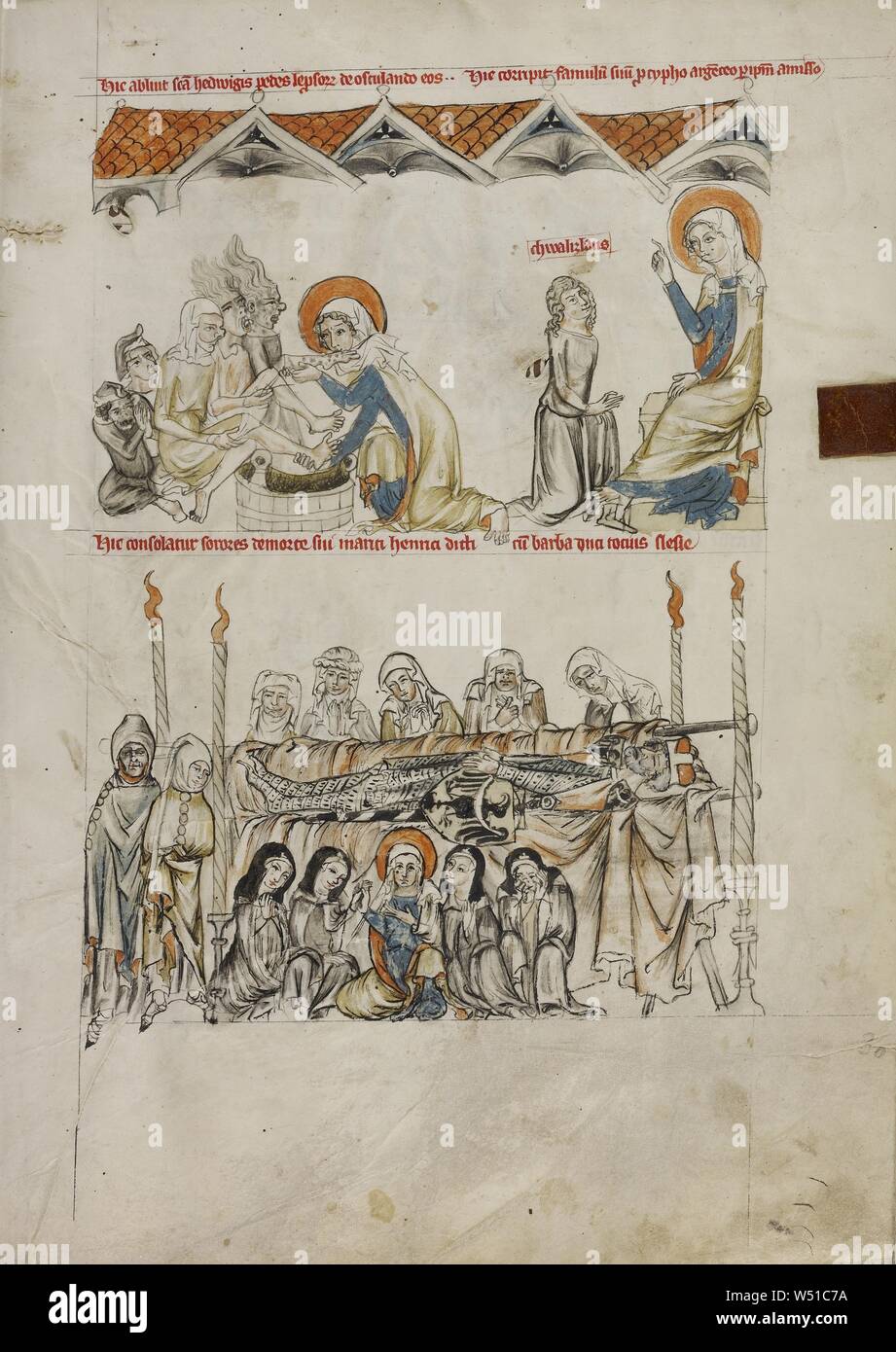 Saint Hedwig lavant les pieds des lépreux, l'inhumation de Saint Hedwig's Mari Heinrich, pas de bouilloire, Silésie, Pologne, 1353 Tempera, couleurs, coloré, lavages et de l'encre sur parchemin, feuille : 34,1 x 24,8 cm (13 7/16 x 9 3/4 in Banque D'Images