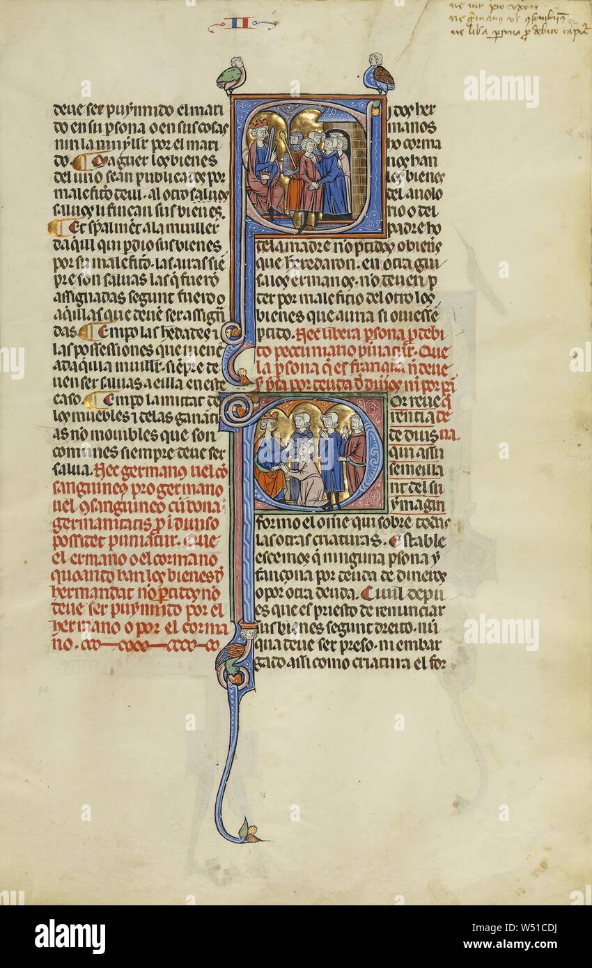 S : initial d'un soldat et d'une famille devant un roi, P initiale : Quatre hommes devant un roi, Inconnu, Michael Lupi de Çandiu (Espagnol, actif Pamplona, Espagne 1297 - 1305), nord-est de l'Espagne, l'Espagne, environ 1290 - 1310 Tempera, couleurs, feuilles d'or, et de l'encre sur parchemin, feuille : 36,5 x 24 cm (14 3/8 x 9 7/16 in Banque D'Images