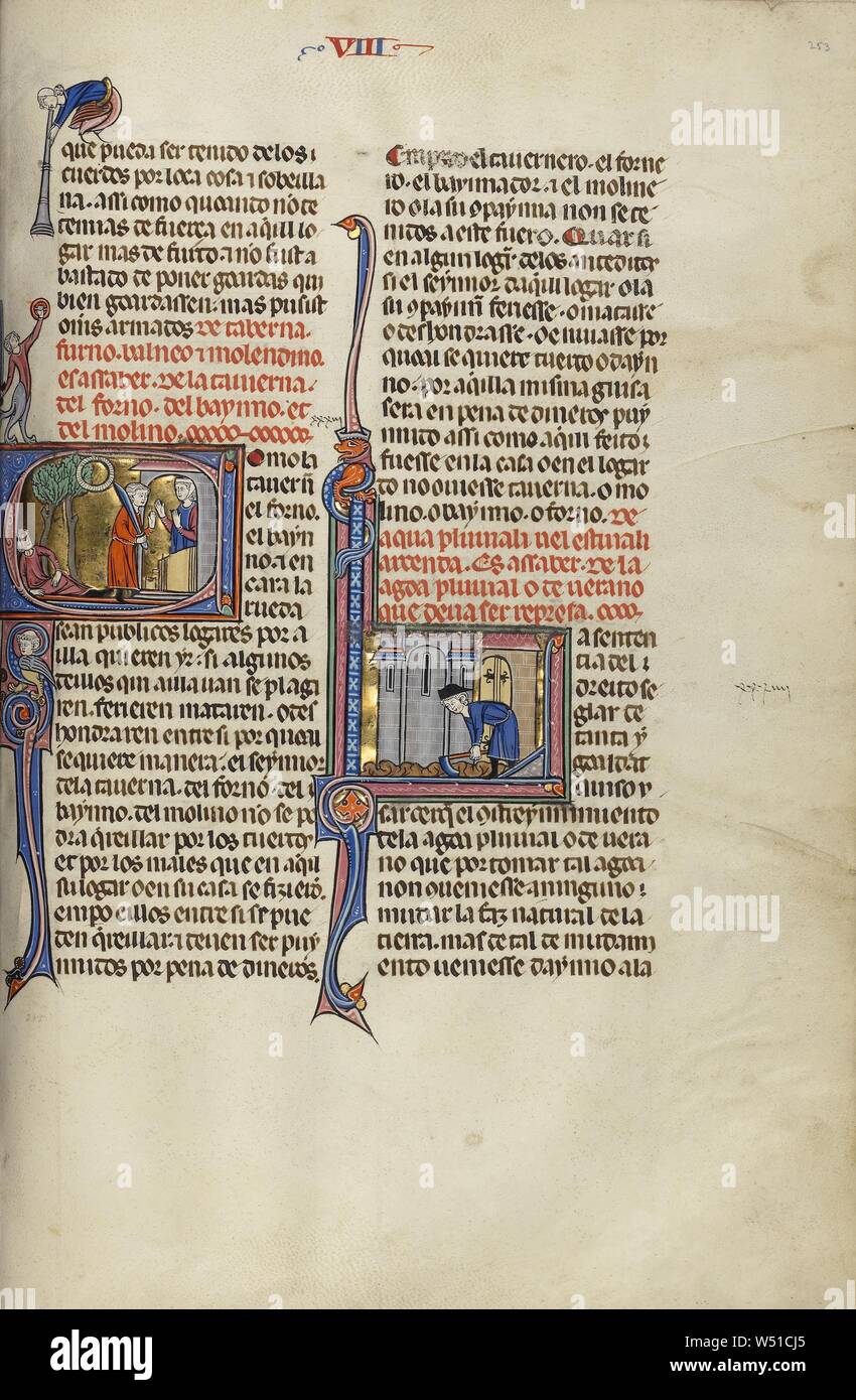 C initial : un homme blessé allongé sous un arbre et un homme avec une épée, parlant à une femme, Initial L : Un homme creusant, Inconnu, Michael Lupi de Çandiu (Espagnol, actif Pamplona, Espagne 1297 - 1305), nord-est de l'Espagne, l'Espagne, environ 1290 - 1310 Tempera, couleurs, feuilles d'or, et de l'encre sur parchemin, feuille : 36,5 x 24 cm (14 3/8 x 9 7/16 in Banque D'Images