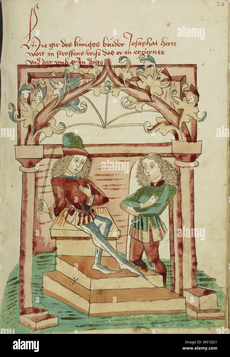 Le frère du roi Avenir parlant avec Josaphat, disciple de Hans Schilling (Allemand, 1459 - 1467 active), de l'atelier de Diebold Lauber (allemand, Actif 1427 - 1467), Hagenau, Alsace, France (anciennement l'Allemagne), 1469, encre, couleur, lavages et couleurs tempera sur papier, feuille : 28,6 x 20,3 cm (11 1/4 x 8 in Banque D'Images