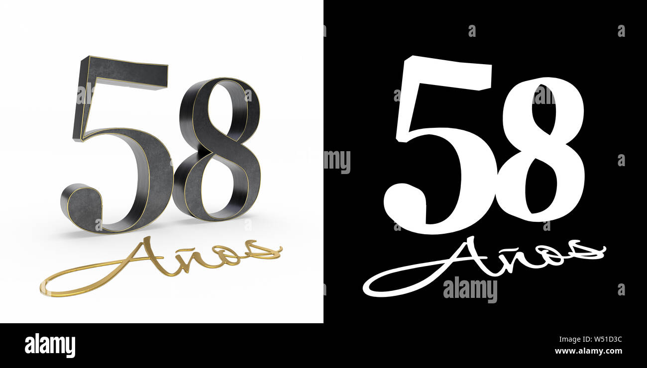 Inscription en espagnol. nombre d'or de cinquante-huit ans (nombre de 58 ans) et l'inscription ans avec ombrage et canal alpha. Traduit fro Banque D'Images