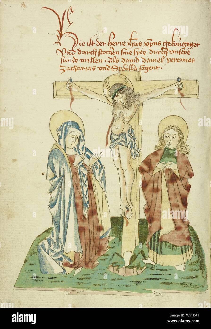 La Crucifixion, disciple de Hans Schilling (Allemand, 1459 - 1467 active), de l'atelier de Diebold Lauber (allemand, Actif 1427 - 1467), Hagenau, Alsace, France (anciennement l'Allemagne), 1469, encre, couleur, lavages et couleurs tempera sur papier, feuille : 28,6 x 20,3 cm (11 1/4 x 8 in Banque D'Images