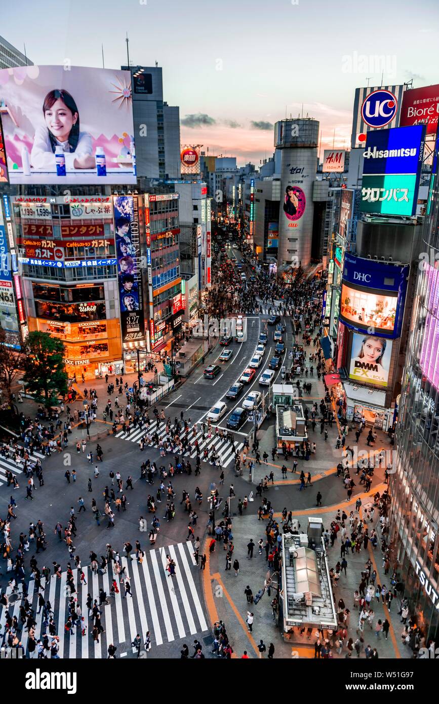 Croisement de Shibuya à partir de ci-dessus, une foule de gens à l'intersection, beaucoup de signes et de publicité lumineuse, crépuscule crépuscule, gare de Shibuya Banque D'Images