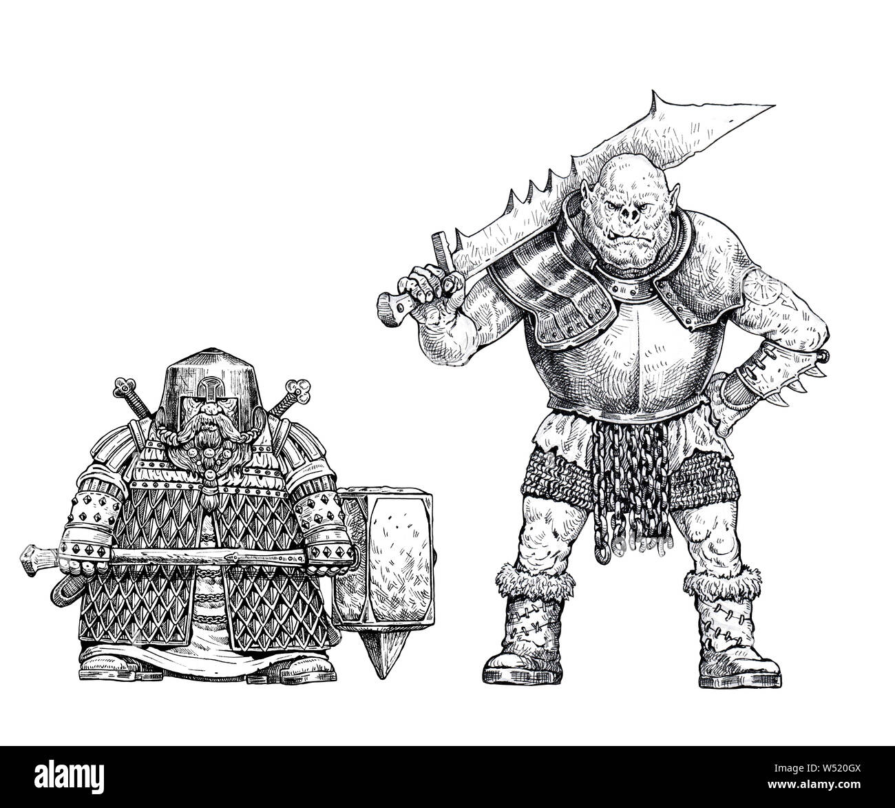 Orc et nains dessin. Illustration Fantasy. Orc avec ax. Banque D'Images