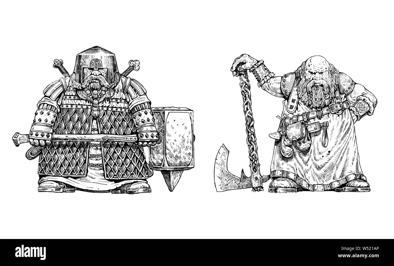Guerriers nains dessin. Illustration fantasy d'encre. Nain avec ax. Banque D'Images