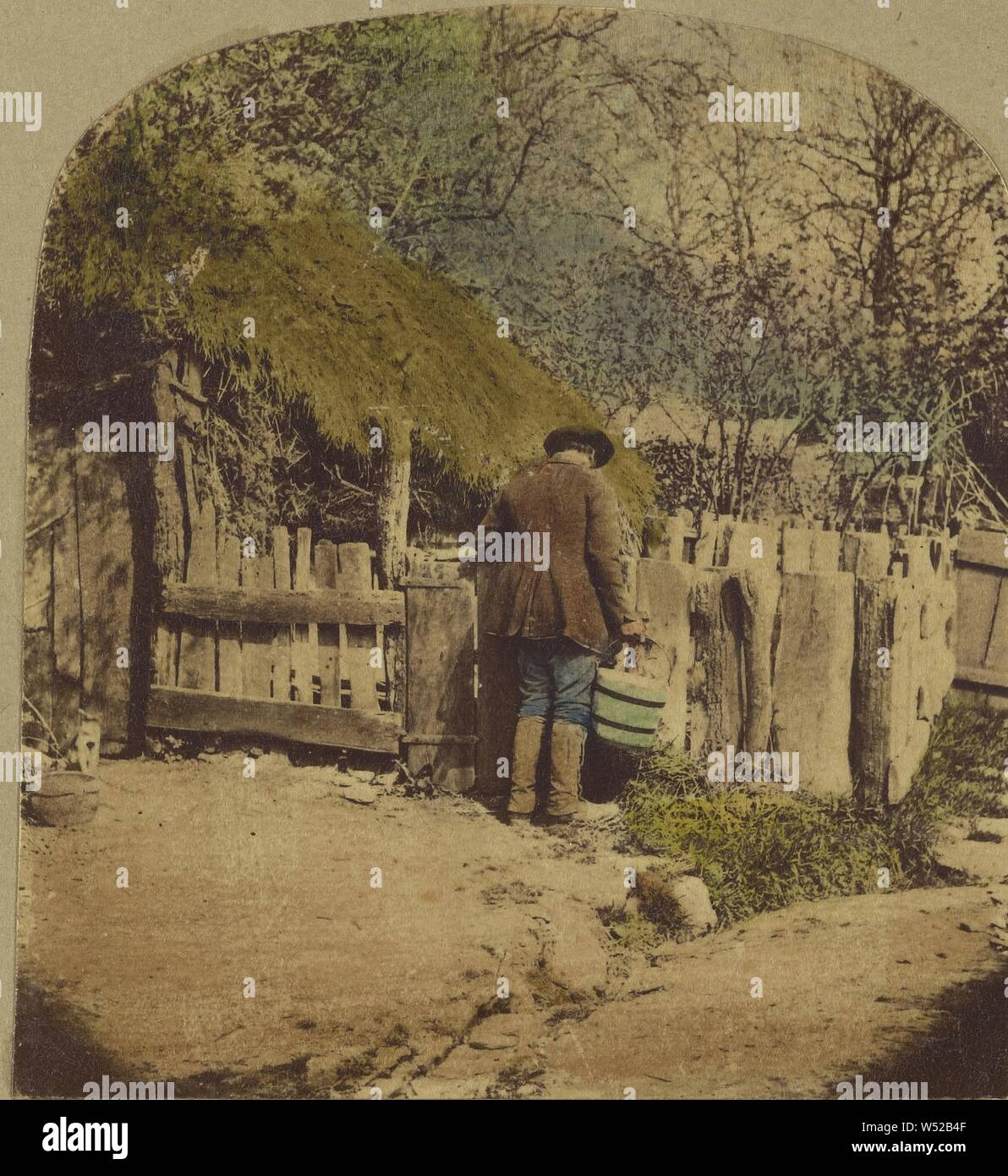 Scènes dans notre village. John Sims à son Pigstye., London Stereoscopic Company (Actif 1854 - 1890), vers 1865, à l'albumine argentique colorée à la main Banque D'Images