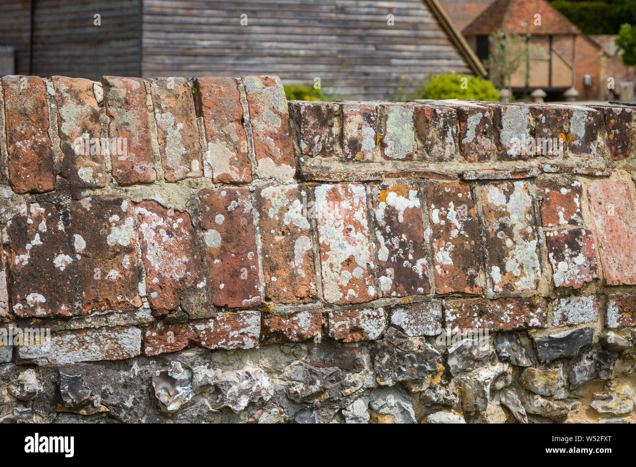 Un mur de briques et silex avec chapes décoratives et de lichen dans le village de South Stoke, Oxfordshire Banque D'Images
