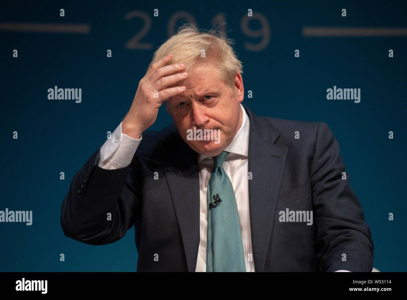 Le candidat conservateur Boris Johnson, à la direction de Darlington hustings sur Juillet 05, 2019 à Guisborough, Angleterre. Boris Johnson et Jeremy Hunt sont les deux derniers députés à gauche au concours pour remplacer Theresa peut comme chef du parti conservateur. Banque D'Images