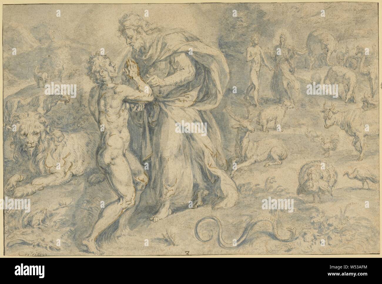 Création d'Adam, Crispijn van den Broeck (Flamand, 1524 - à propos de 1591), 1575, plume et encre brune, bleu sur les traces de craie noire, 18,6 x 27,3 cm (7 5/16 x 10 3/4 po Banque D'Images