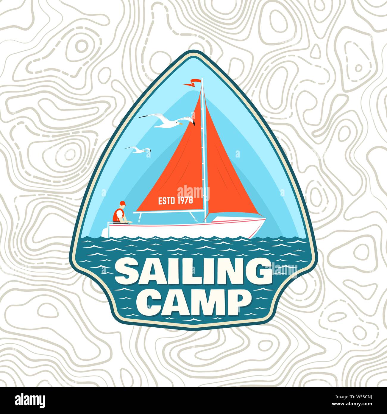 Patch camp de voile. Vector illustration. Concept pour chemise, imprimer, stamp ou tee. Typographie vintage avec l'homme dans la conception de voiliers silhouette. La voile sur le bateau. L'aventure de l'océan. L'eau classique sport. Illustration de Vecteur