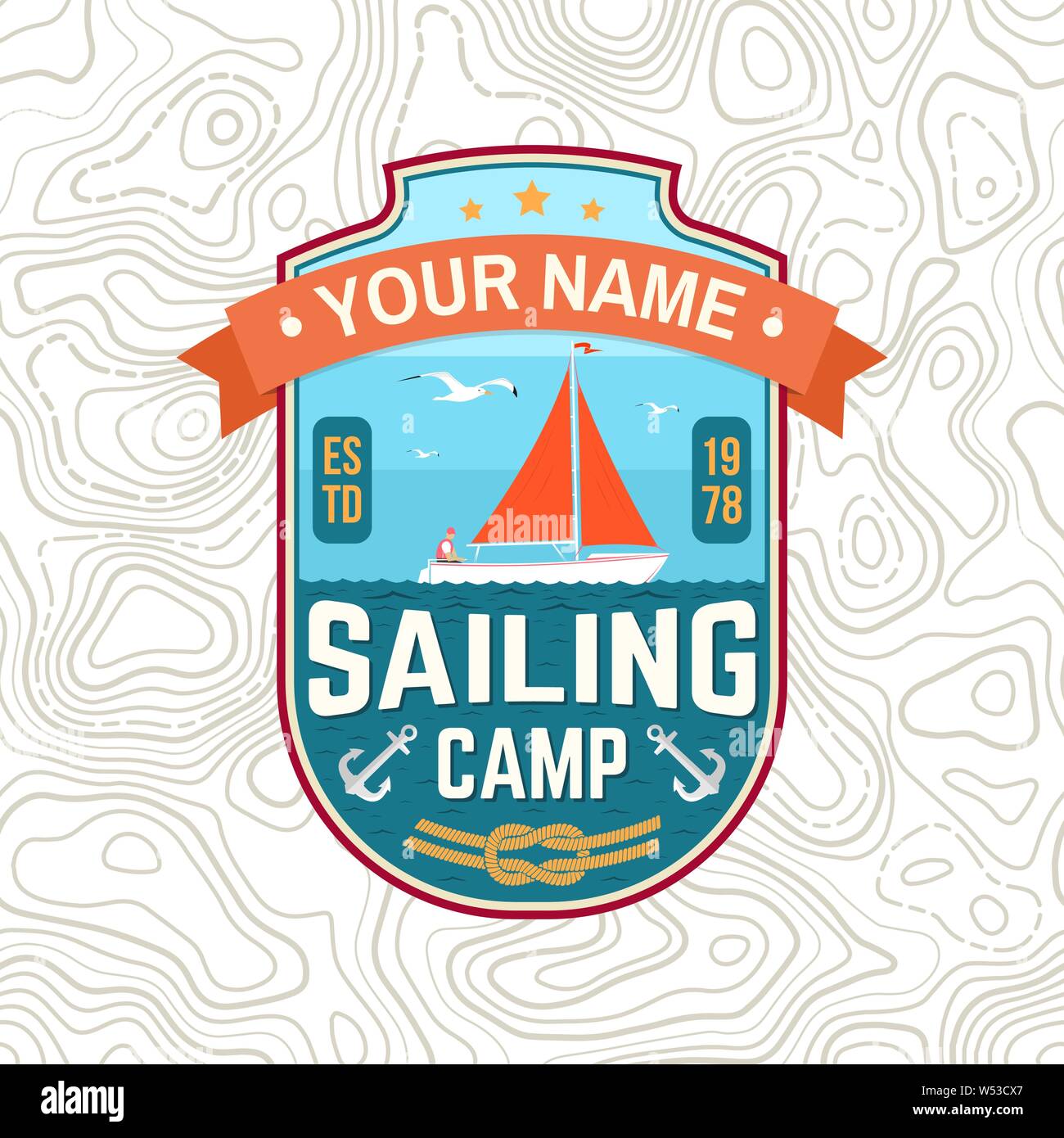 Patch camp de voile. Vector illustration. Concept pour chemise, imprimer, stamp ou tee. Typographie vintage avec l'homme dans la conception de voiliers silhouette. La voile sur le bateau. L'aventure de l'océan. L'eau classique sport. Illustration de Vecteur