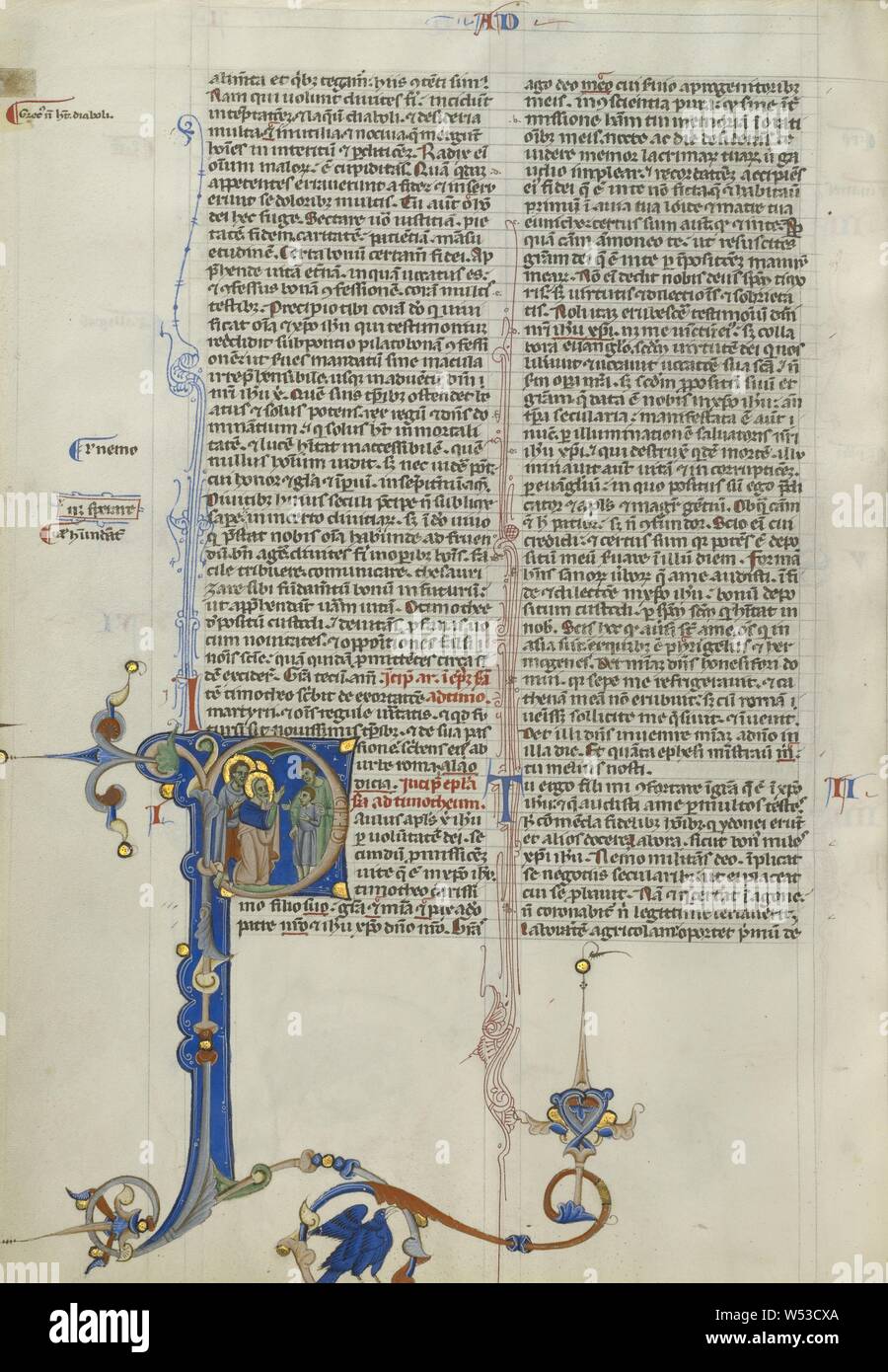 P initiale : Timothy présenté à Saint Paul, Inconnu, Bologne, Italie, environ 1250 - 1262, Tempera et feuille d'or sur parchemin, feuille : 26,8 x 19,7 cm (10 9/16 x 7 3/4 in Banque D'Images