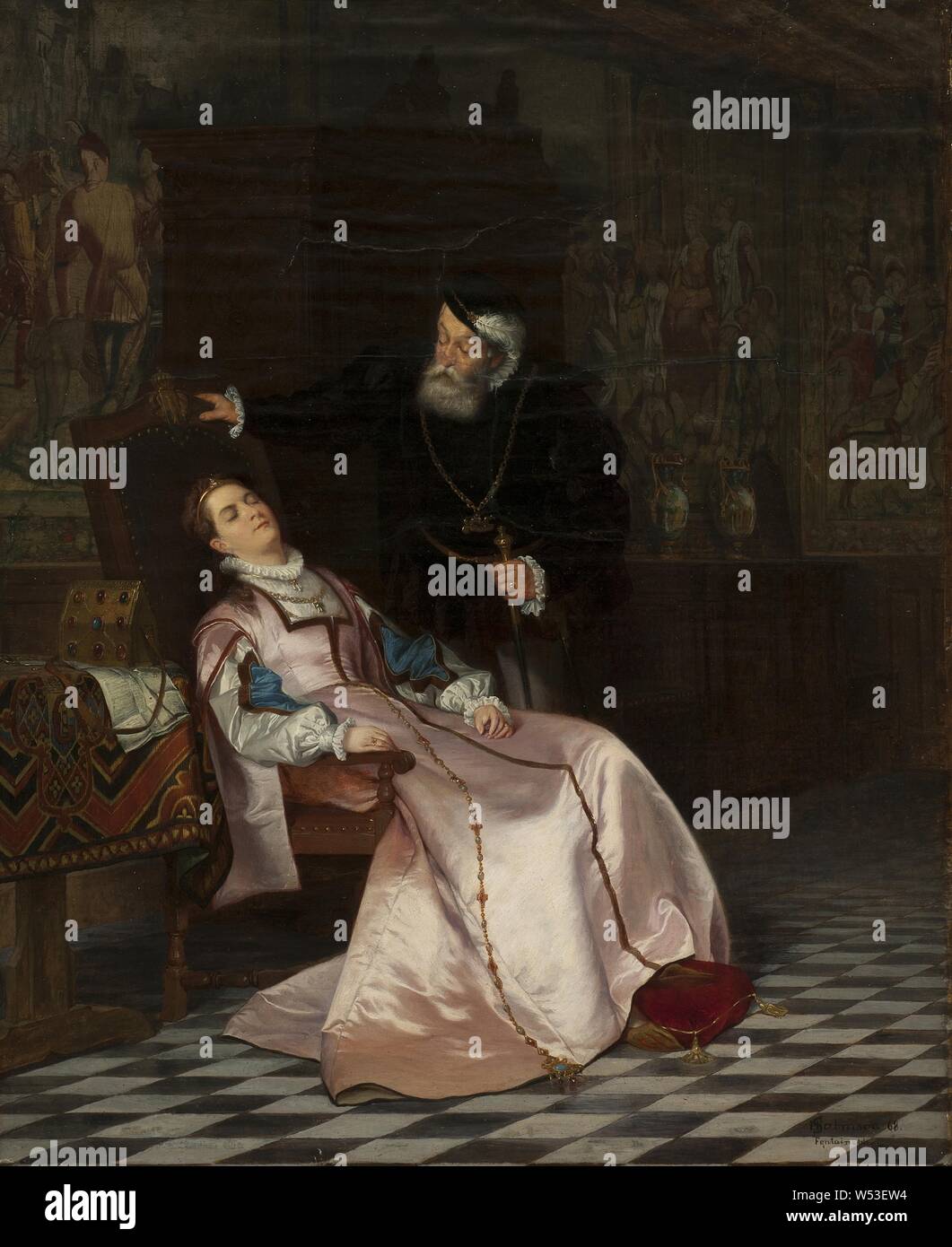 Hugo Salmson, Gustave Vasa trouve sa soeur Katarina Stenbock endormi et entend son dire, 'Roi Gösta, J'aime beaucoup, mais je n'oublie pas les Rosen', peinture, 1868, huile sur toile, hauteur, 73 cm (28,7 po), largeur, 59 cm (23,2 pouces), signé, H Salmson 68 Fontainebleau Banque D'Images