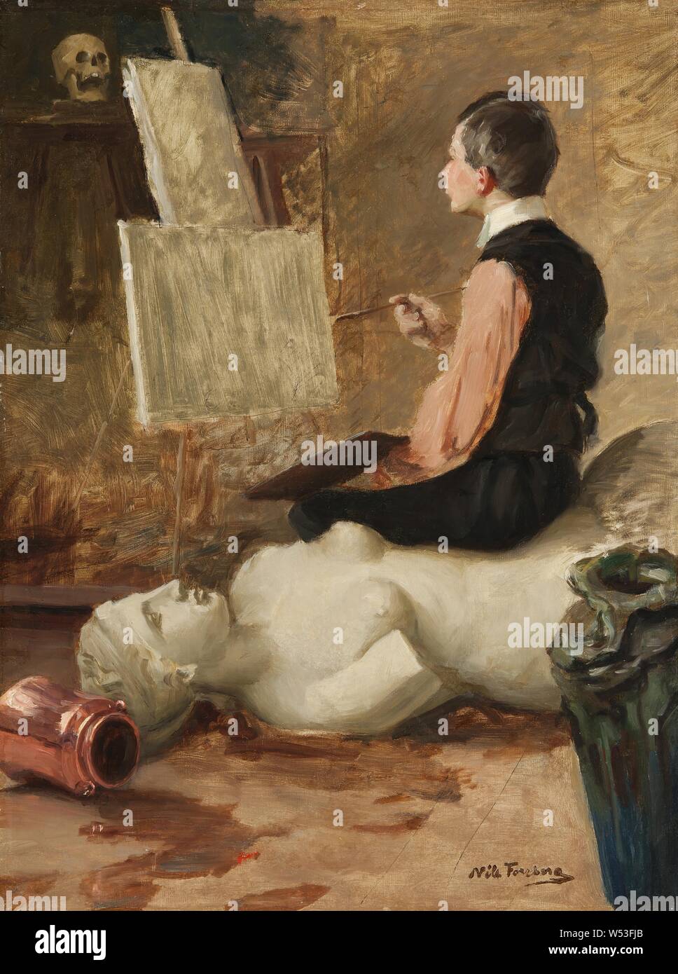 Nils Forsberg, Nils Forsberg dy, Nils Forsberg Jr. dans le studio de Paris, peinture, entre vers 1886 et vers 1888, huile sur toile, hauteur, 73 cm (28,7 po), largeur, 55,5 cm (21,8 pouces), signé, NTH, dans la peinture à l'huile Banque D'Images