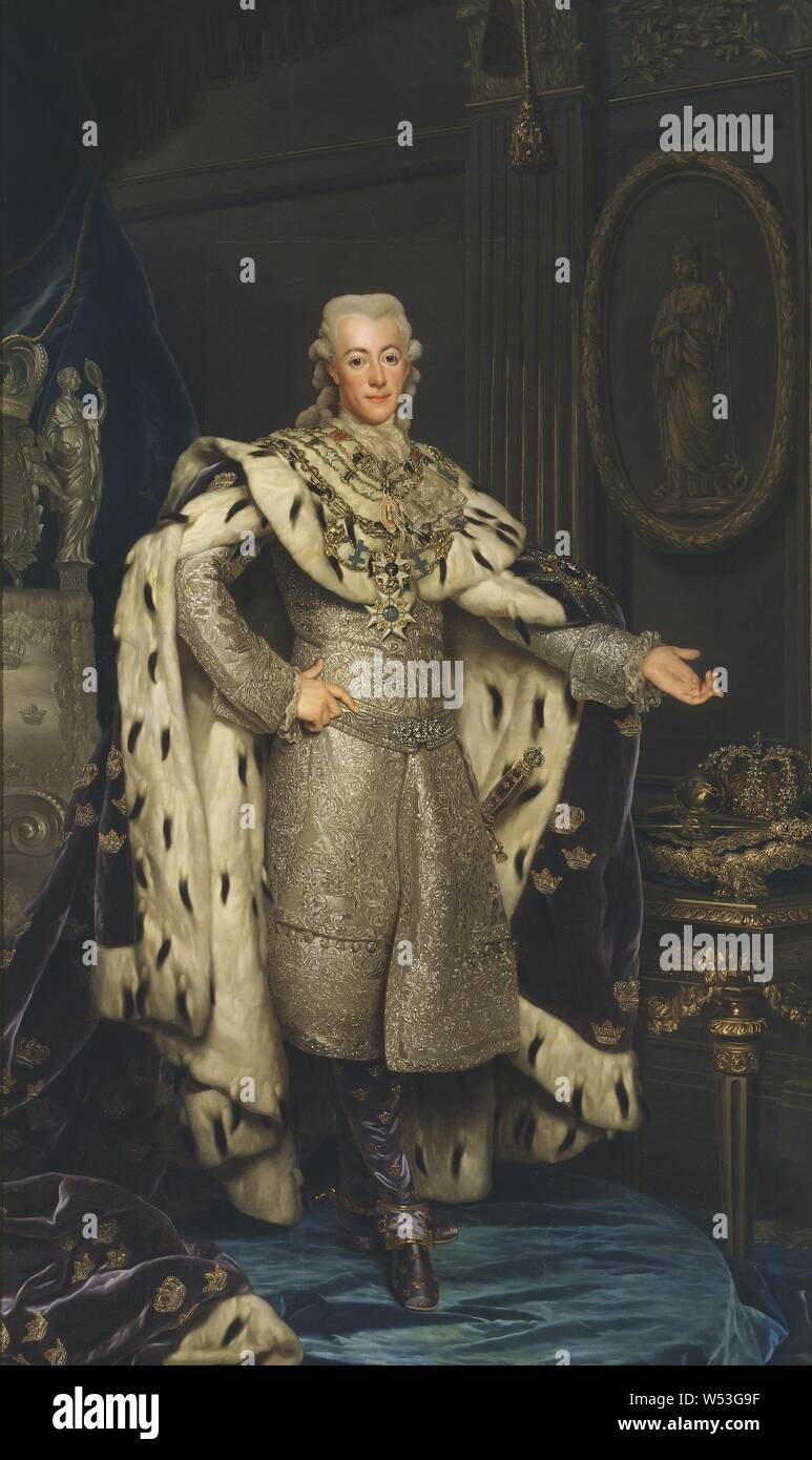 Alexander Roslin, le roi Gustav III, Gustav III (1746-1792), Roi de Suède, à Coronation-robes, Gustav III, 1746-1792, roi de Suède, peinture, portrait, Gustave III de Suède, 1777, huile sur toile, 260 cm de hauteur, (102,3 pouces), largeur, 152 cm (59,8 pouces), signé, le Ch, Roslin 1777 Banque D'Images