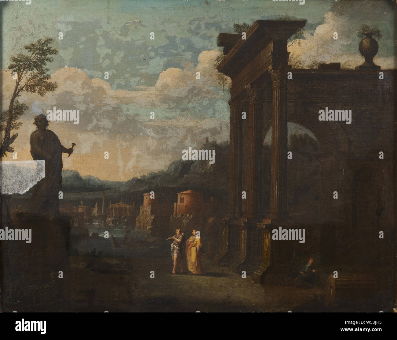 Attribué à Agostino Tassi, Paysage avec Harbour et de bâtiments antiques, Paysage avec Harbour et de bâtiments antiques, la peinture, l'art du paysage, 17e siècle, huile sur toile, hauteur, 58 cm (22,8 po), largeur, 74 cm (29,1 pouces)), Banque D'Images