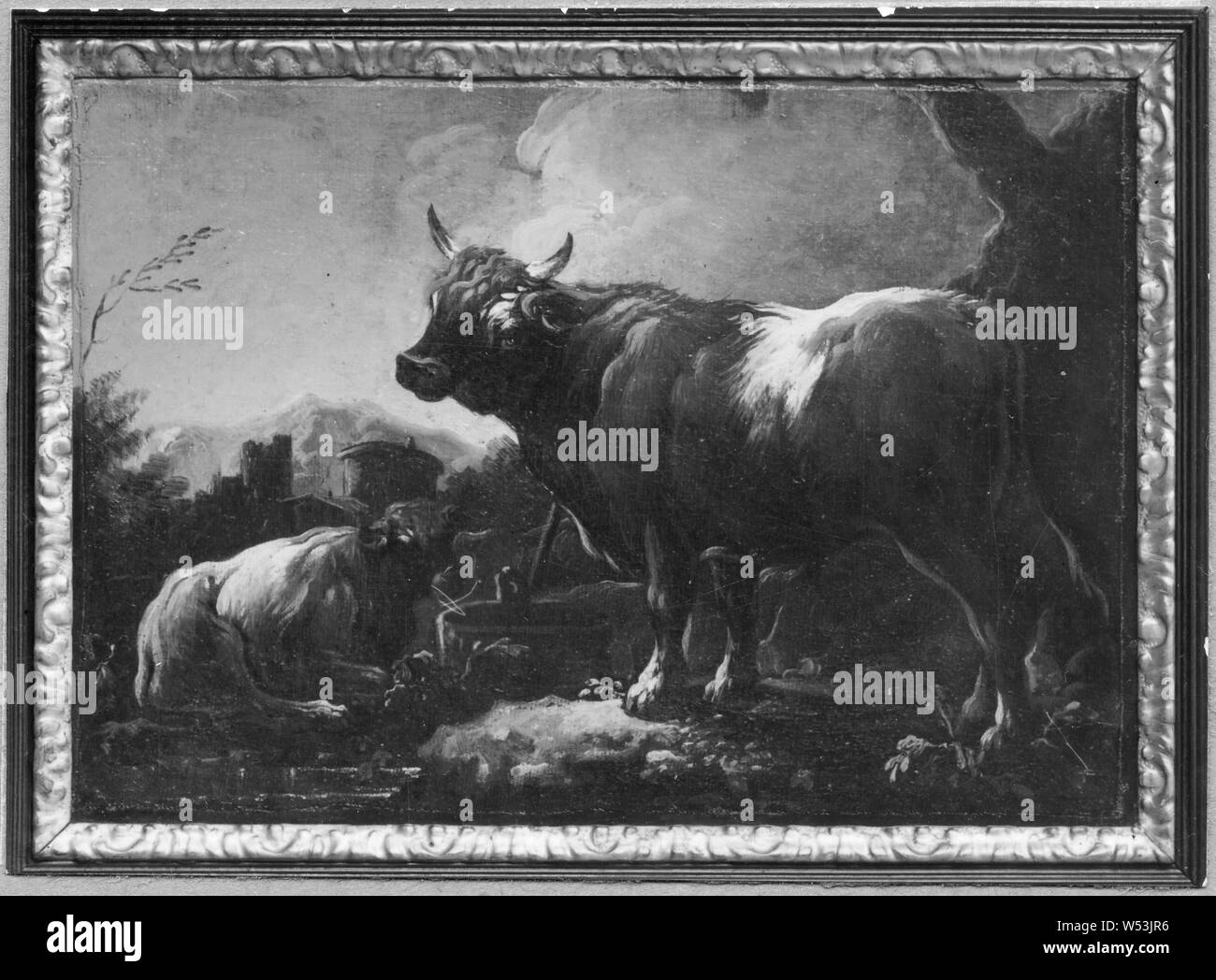 Cajetan Roos, paysage avec un taureau et une vache au repos, Paysage avec Bull et paysage vache, peinture, art du paysage, huile sur toile montée sur bois, hauteur, 31 cm (12,2 po), largeur, 43 cm (16,9 pouces) Banque D'Images