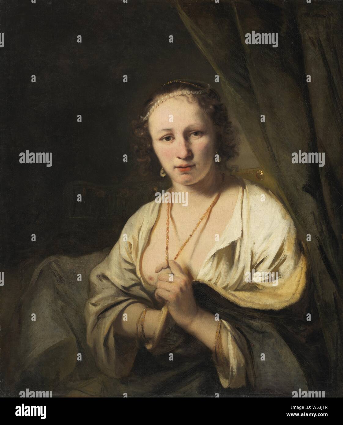 Ferdinand Bol, Damporträt Français, les femmes avec des perles dans les cheveux, Dame de perles dans les cheveux, peinture, entre 1653 et environ 1653 circa, huile sur toile, hauteur, 88 cm (34,6 po), largeur, 77 cm (30,3 pouces), signé, F Bol Banque D'Images