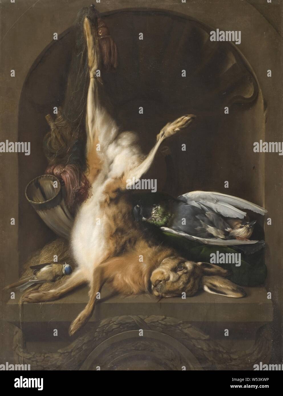 Jan Weenix, Nature morte avec un sèche, toujours la vie avec les cheveux, la peinture, la nature morte, huile sur toile, hauteur, 99 cm (38,9 po), largeur, 76 cm (29,9 pouces), signé, J. Weenix Banque D'Images