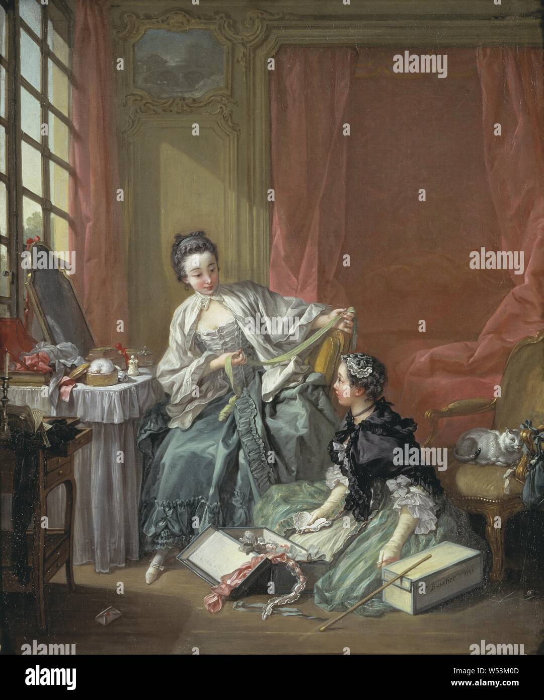 François Boucher, la modiste, concessionnaire de mode, peinture, genre art, 1746, huile sur toile, hauteur, 64 cm (25,1 po), largeur, 53 cm (20,8 pouces), d'Inscriptions, signé, F. Boucher 1746 Banque D'Images