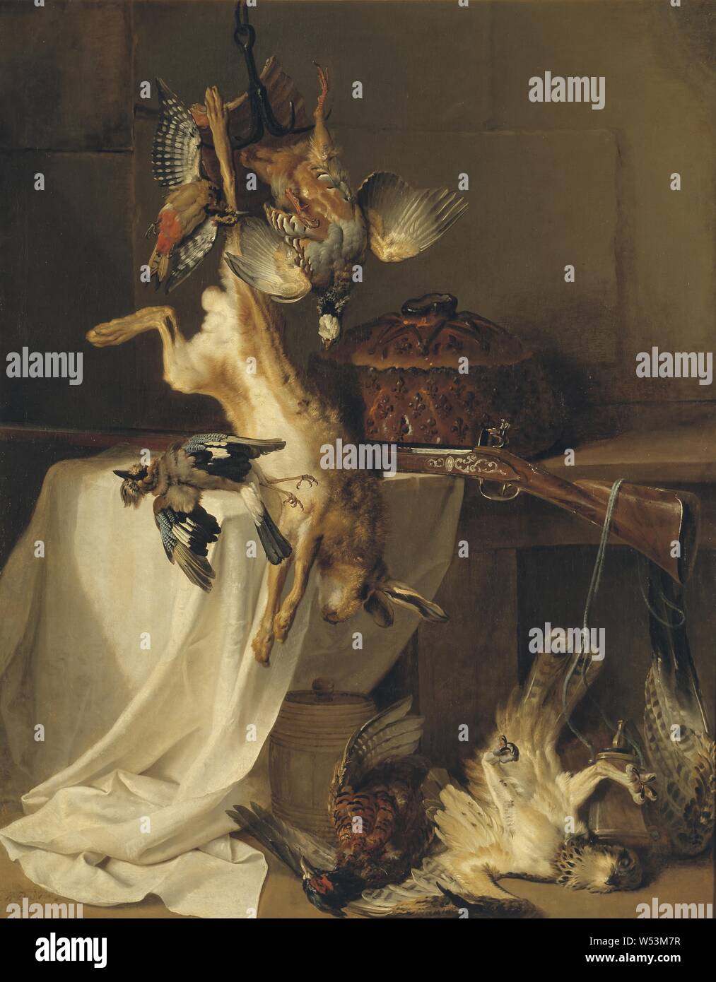 Jean-Baptiste Oudry, Nature morte avec une carabine, le lièvre et des oiseaux ('Fire'), Still Life with rifle, lièvre et d'oiseaux ('Elden'), la peinture, la nature morte, 1720, huile sur toile, 144 cm de hauteur, 56,6 pouces (largeur), 116 cm (45,6 pouces), signé, JB Oudry, 1720 Banque D'Images