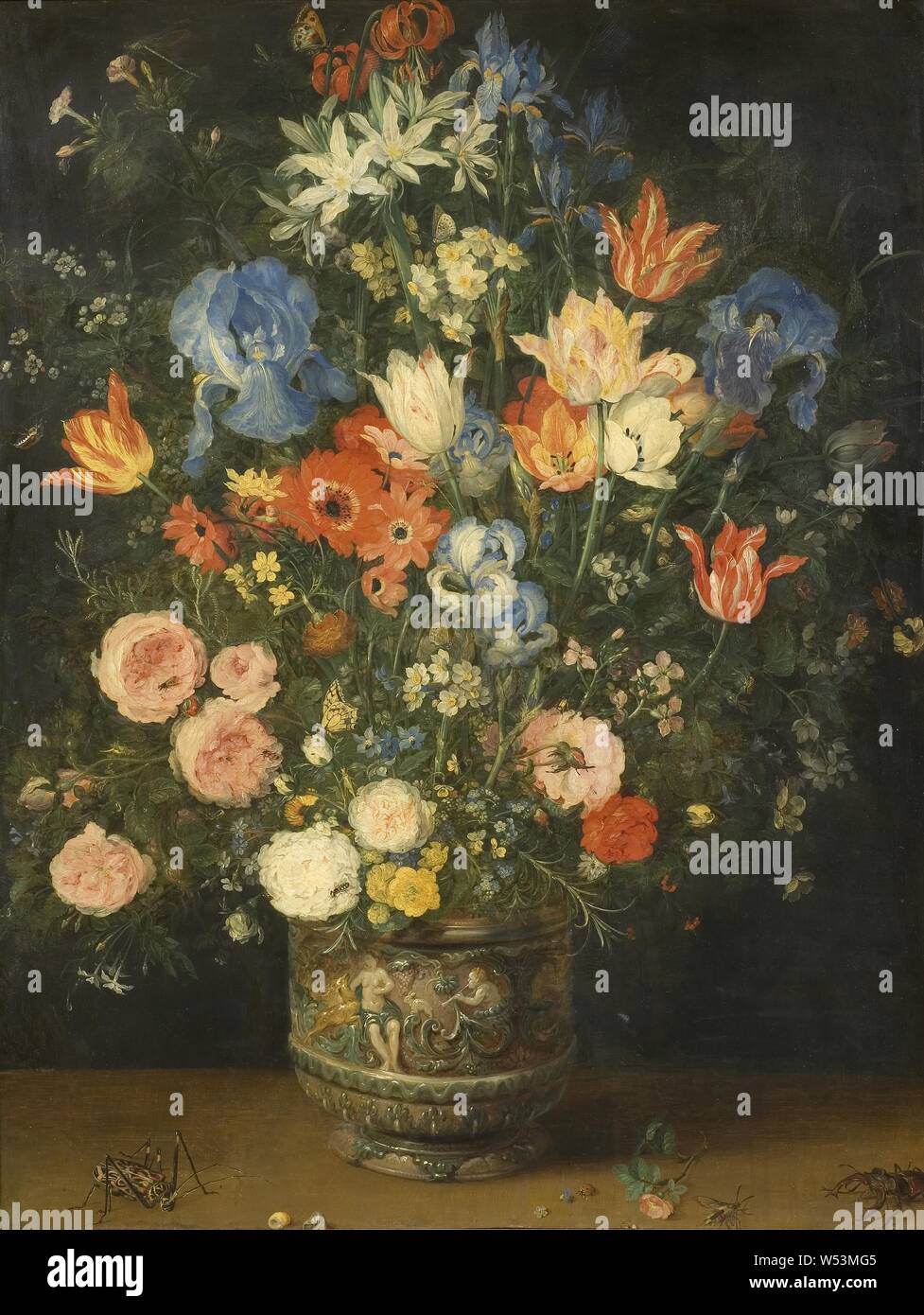 Jan Brueghel l'Ancien, Nature morte avec fleurs et insectes, Nature morte avec Vase à fleurs et d'insectes, la peinture, la nature morte, huile sur panneau, hauteur, 73 cm (28,7 po), largeur, 59 cm (23,2 pouces) Banque D'Images