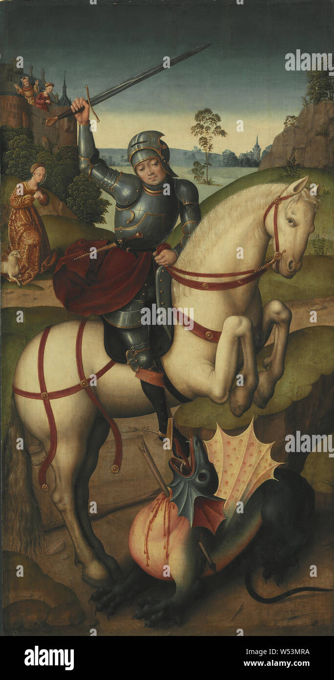 Jan Baegert, Sainte Catherine, Saint Georges et le Dragon, Sta Katarina, St Göran et le dragon, peinture, art religieux, huile sur panneau, 103 cm de hauteur, 40,5 pouces (largeur), 53,5 cm (21 pouces) Banque D'Images