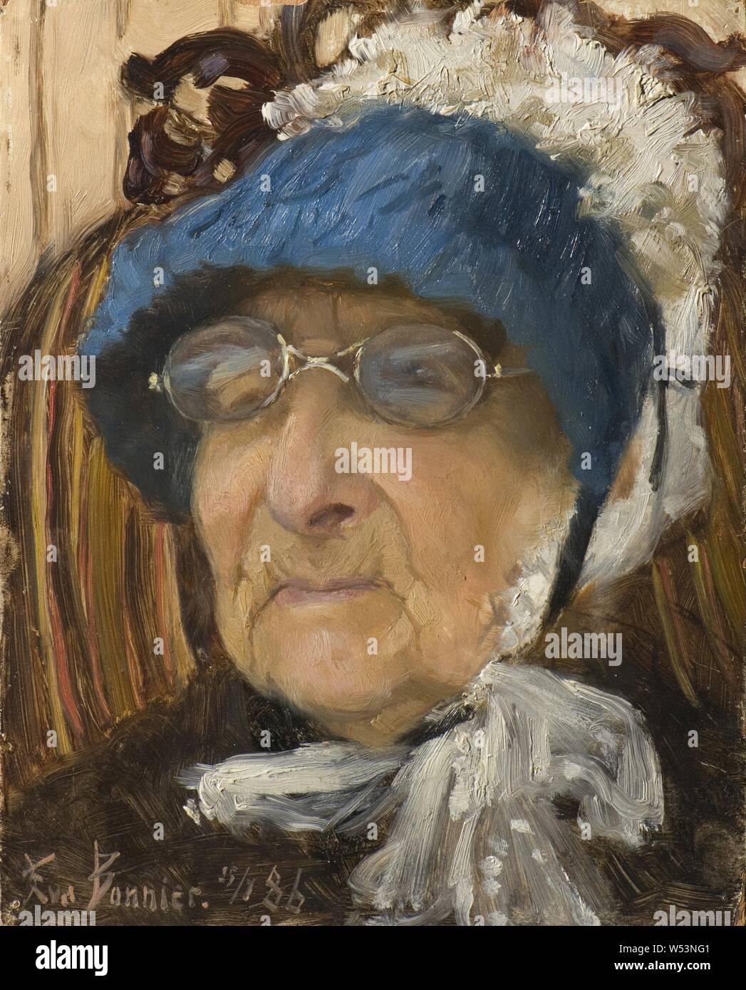 Eva Bonnier, Hanna Marcus, vieille grand-mère, Mme Hanna Marcus, peinture, 1886, huile sur carton, huile sur carton, hauteur de 24 cm (9,4 po), largeur, 19 cm (7,4 pouces), inscriptions, signé, 25/1 -86 Banque D'Images